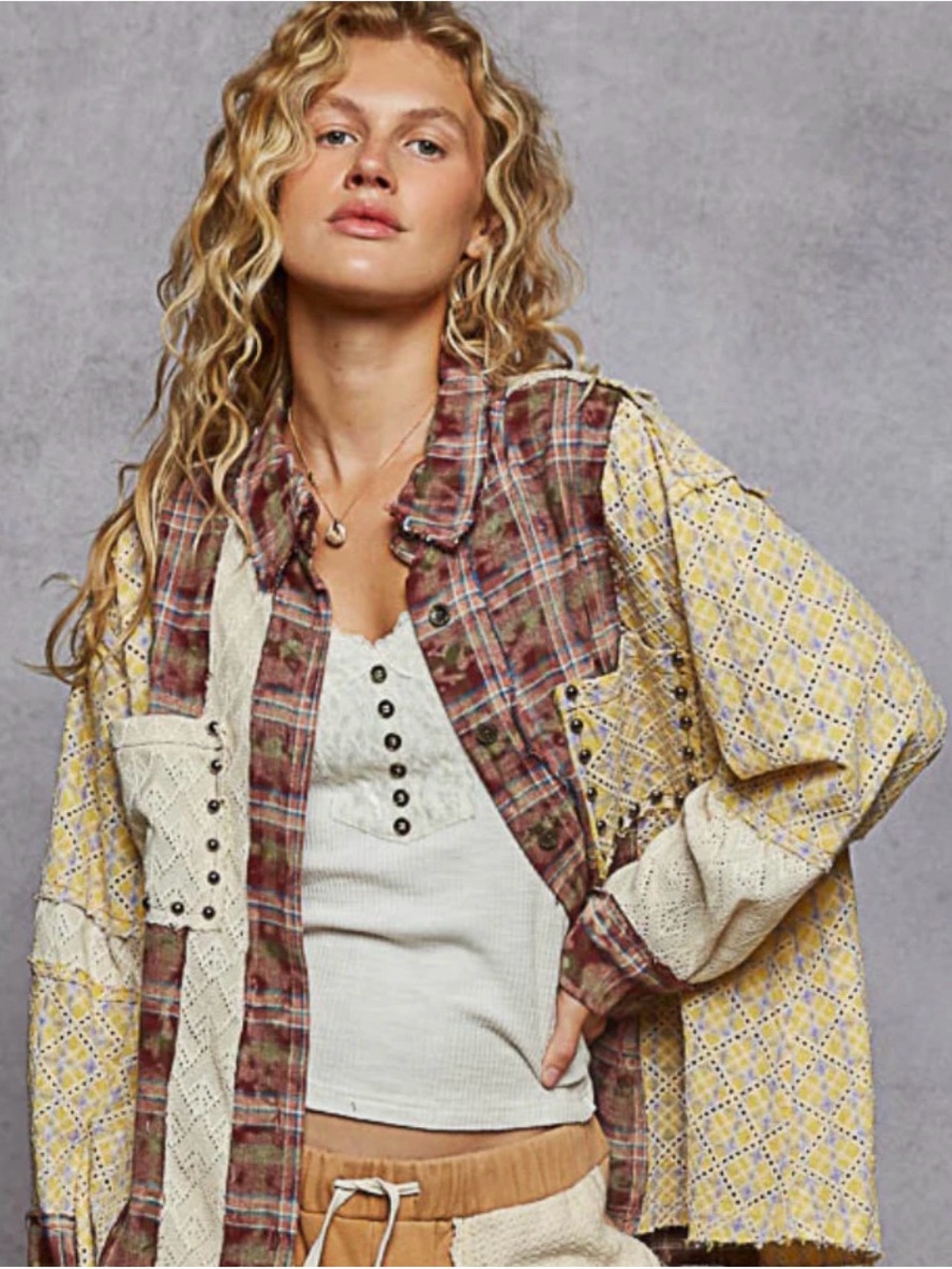 POL Red Brick Mixed Print Oversized Button Down Shirt - Picture 4 of 5